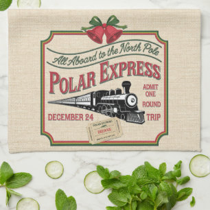 Train Ticket to North Pole a Vintage Christmas Kitchen Towel