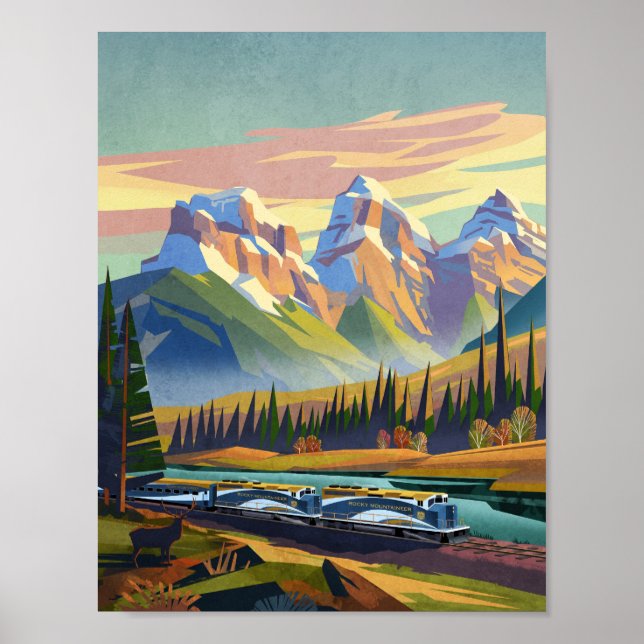 Train travelling through the Rocky mountains Poster (Front)