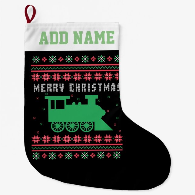 Train Ugly Christmas Sweater Large Christmas Stocking (Front)