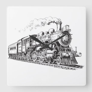 Train Vintage Graphic Design Sketch Retro Steam  Square Wall Clock