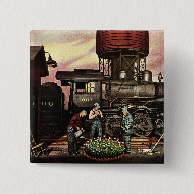 Train Yard Flower Garden by Stevan Dohanos 2 Inch Square Button (Front)