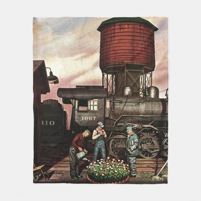 Train Yard Flower Garden by Stevan Dohanos Fleece Blanket (Front)