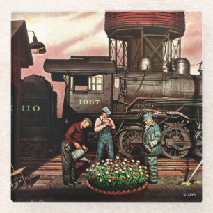 Train Yard Flower Garden by Stevan Dohanos Glass Coaster