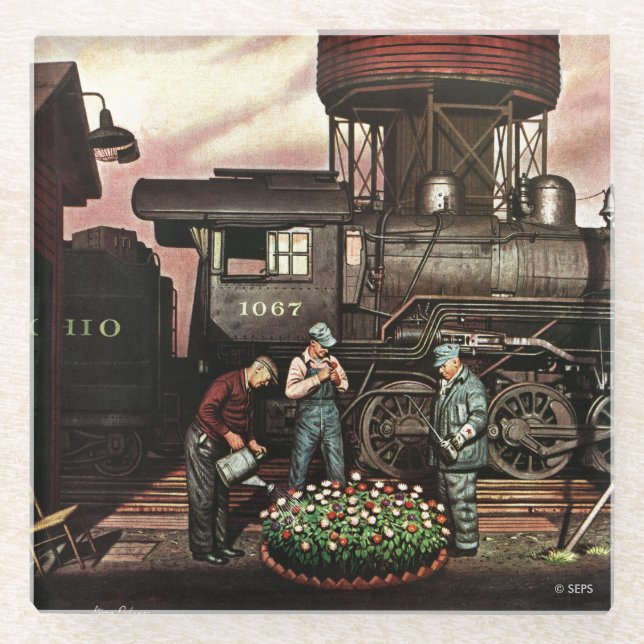 Train Yard Flower Garden by Stevan Dohanos Glass Coaster (Front)