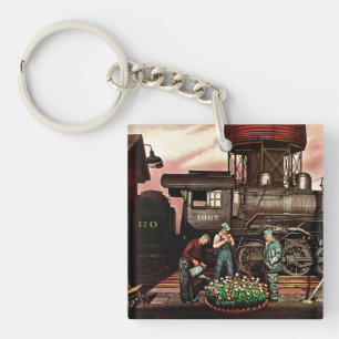 Train Yard Flower Garden by Stevan Dohanos Keychain