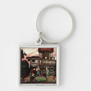 Train Yard Flower Garden by Stevan Dohanos Keychain