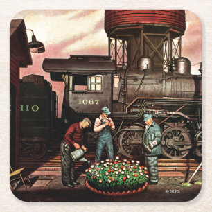 Train Yard Flower Garden by Stevan Dohanos Square Paper Coaster