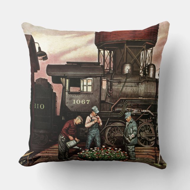 Train Yard Flower Garden by Stevan Dohanos Throw Pillow (Front)
