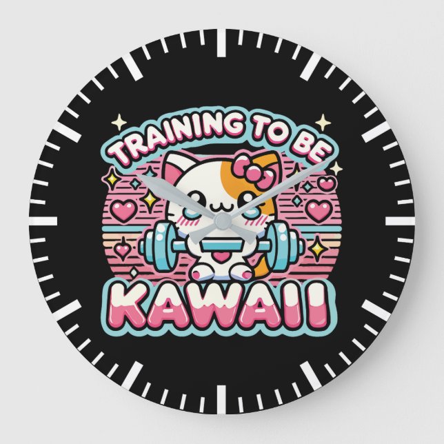 Training to Be Kawaii - Cute Funny Anime Gym Cat Large Clock (Front)