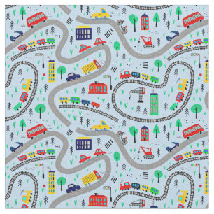 Trains Cars Bus Road Railroad Track on pale blue Fabric