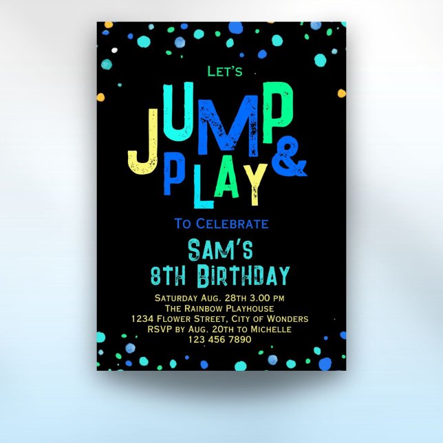 Trampoline Birthday Invitation Jump Play Party (Trampoline Birthday Invitation Jump Play Party Boys neon birthday party invitation)