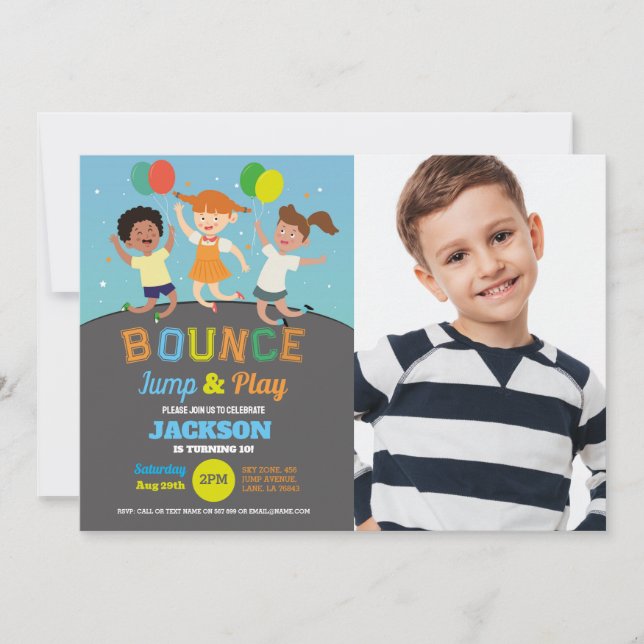 Trampoline Birthday Party Blue Boys Bounce Jump Invitation (Front)