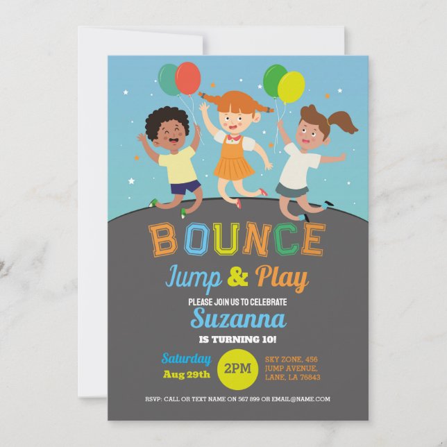 Trampoline Birthday Party Blue Boys Bounce Jump Invitation (Front)
