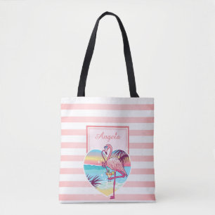 Trandy Striped, Flamingo, Cocktail  -Personalized Tote Bag