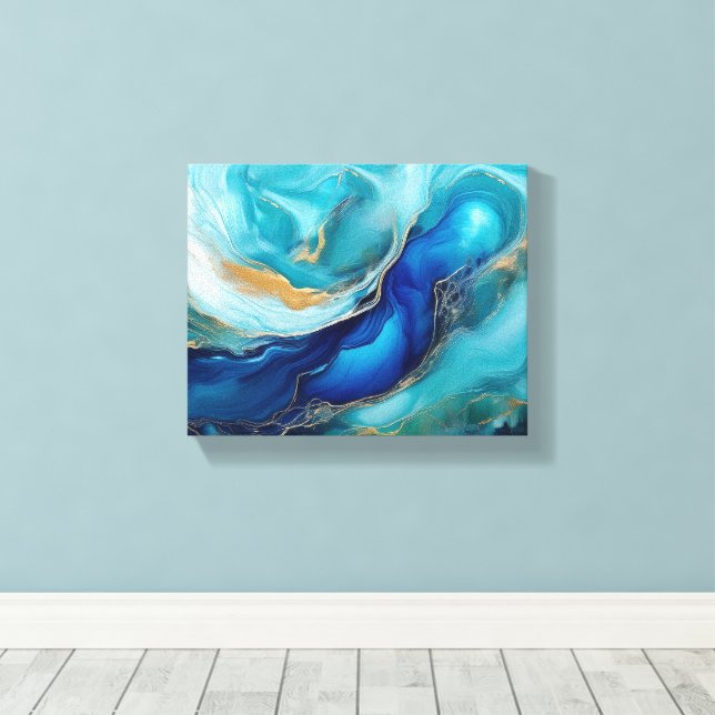 Tranquil Abstract Ocean Art in Cobalt & Teal Canvas Print (Insitu(Wood Floor))