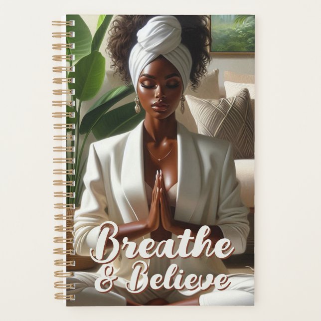 Tranquil African American Woman Prayer Meditation Planner (Front)