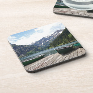 Tranquil Alpine Lake and Boats Photograph Coaster