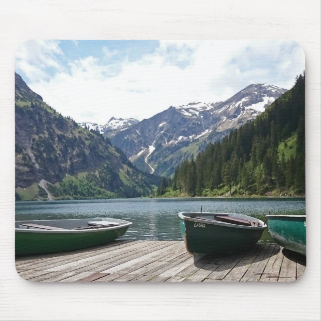 Tranquil Alpine Lake and Boats Photograph Mouse Pad (Front)