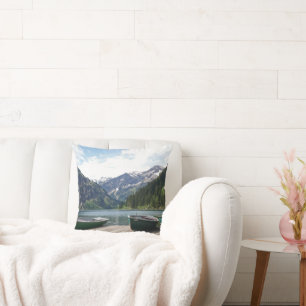 Tranquil Alpine Lake and Boats Photograph Throw Pillow
