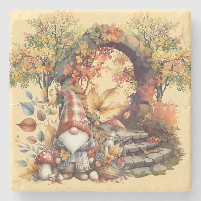 Tranquil Autumn Garden with Gnome Stone Coaster (Front)