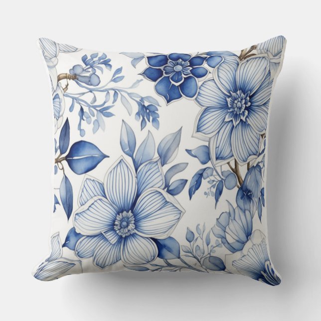 Tranquil Blooms: Soothing Abstract Blue Flower Art Throw Pillow (Front)