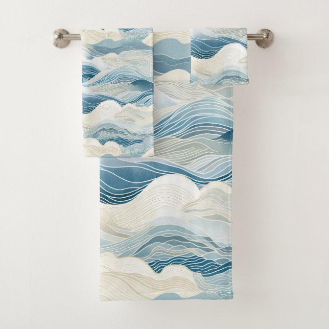 Tranquil Blue and White Wave Pattern Bath Towel Set (Insitu)