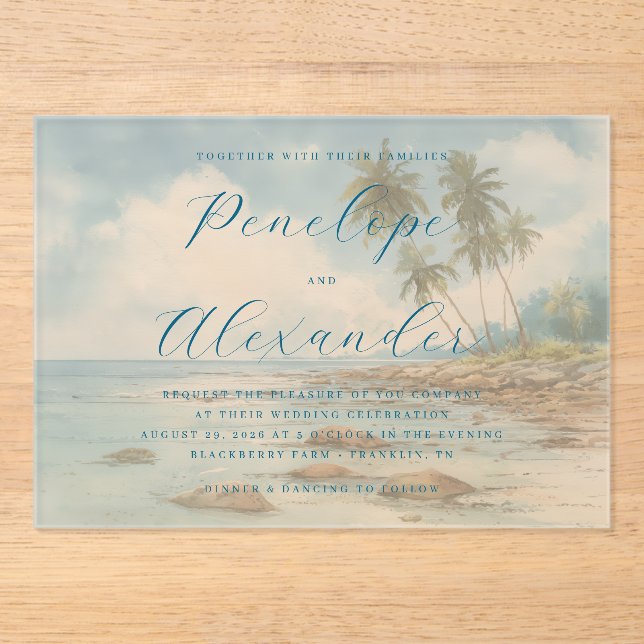 Tranquil Blue Beach Scene Acrylic Invitations (Front)