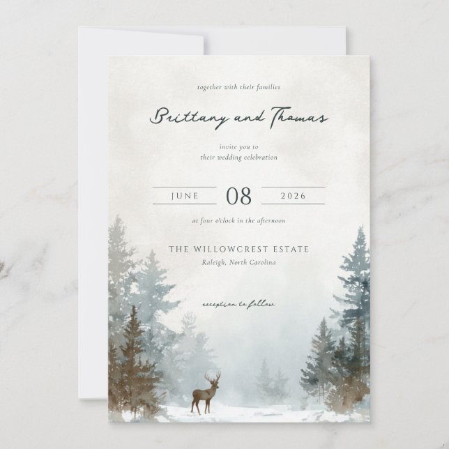 Tranquil Blue-Grey Watercolor Winter Forest Invitation (Front)
