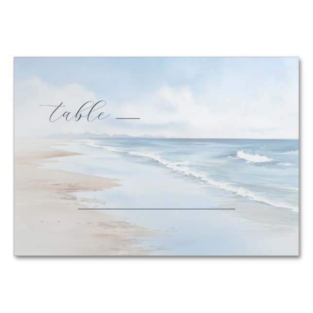 Tranquil Blue Watercolor Beach Waves Table Number (Front)