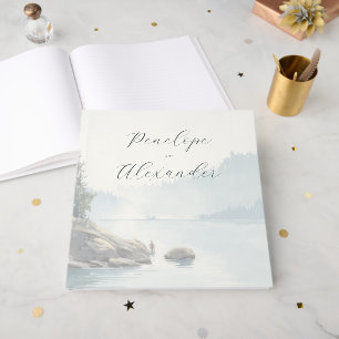 Tranquil Blue Watercolor Lakeside Scene Guest Book
