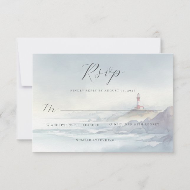 Tranquil Blue Watercolor Lighthouse RSVP Card (Front)