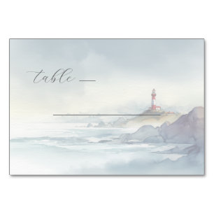 Tranquil Blue Watercolor Lighthouse Scene Table Number