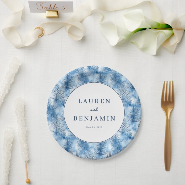 Tranquil Blue Winter Forest Paper Plate (Wedding)