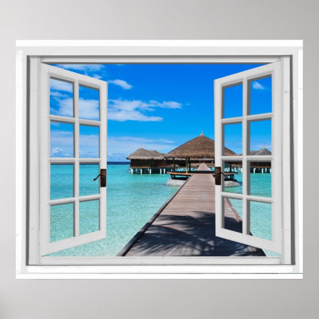 Tranquil Boardwalk Pier Ocean Fake Window View Poster (Front)