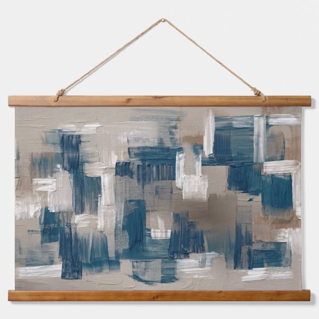 Tranquil Brown Blue Contemporary Brushstrokes Art Hanging Tapestry (Front)
