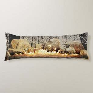 Tranquil Burning Yule Log in a Snowy Forest Body Pillow