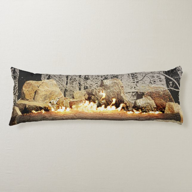 Tranquil Burning Yule Log in a Snowy Forest Body Pillow (Front)