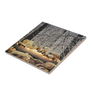 Tranquil Burning Yule Log in a Snowy Forest Tile