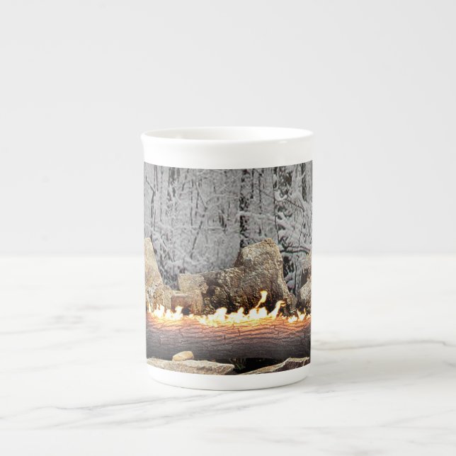 Tranquil Burning Yule Log in Snowy Forest Bone China Mug (Front)