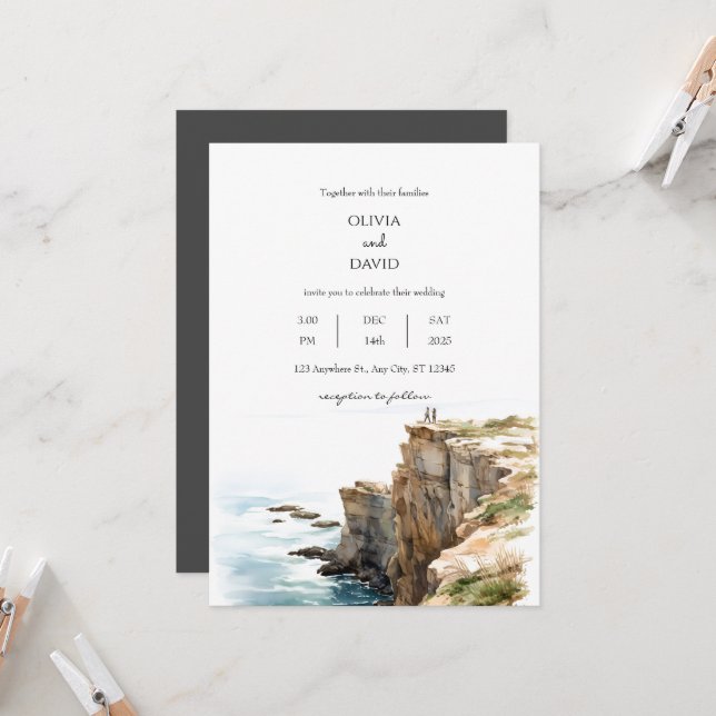 Tranquil Coastal Cliffs Watercolor Beach Wedding Invitation (Front/Back In Situ)