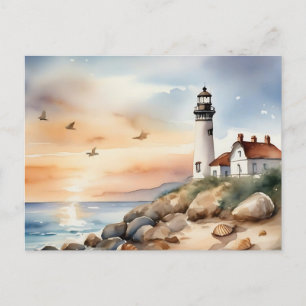 Tranquil Coastal Landscape Watercolor Lighthouse Postcard