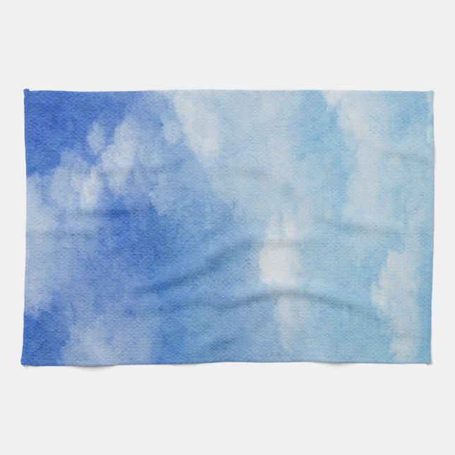 Tranquil Custom Sky Dreams Watercolor Blue & White Kitchen Towel (Horizontal)