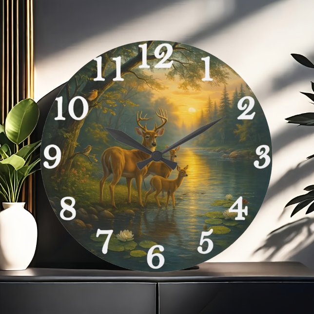Tranquil deer family in sunlit forest large clock (Creator Uploaded)