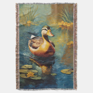 Tranquil Duck On A Pond Artistic Painting Throw Blanket
