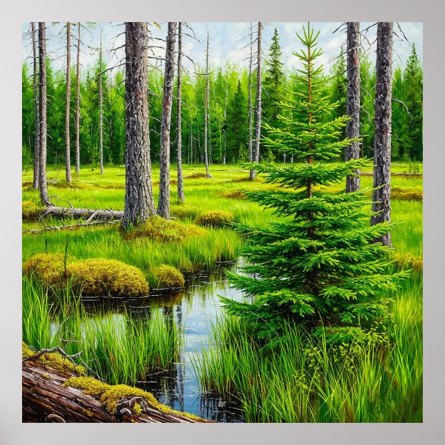 Tranquil Forest Marsh with Lush Greenery Poster (Front)