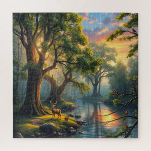 Tranquil Forest Serenity at Dawn Nature Artwork Jigsaw Puzzle