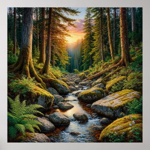 Tranquil Forest Stream During Sunset Poster