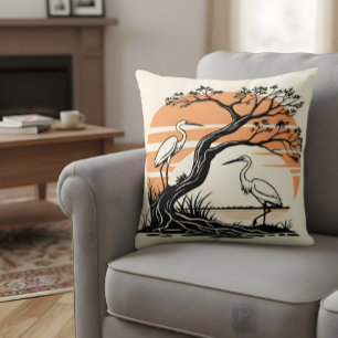 Tranquil Heron Retro Sunset Throw Pillow
