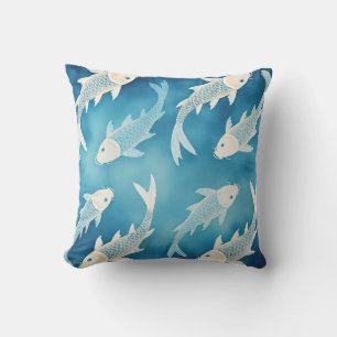 Tranquil Indigo Koi Design Elegant Watercolor Art Throw Pillow
