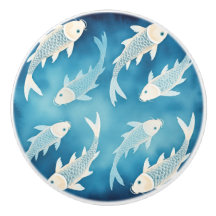 Tranquil Indigo Koi Design Elegant Watercolor Knob
